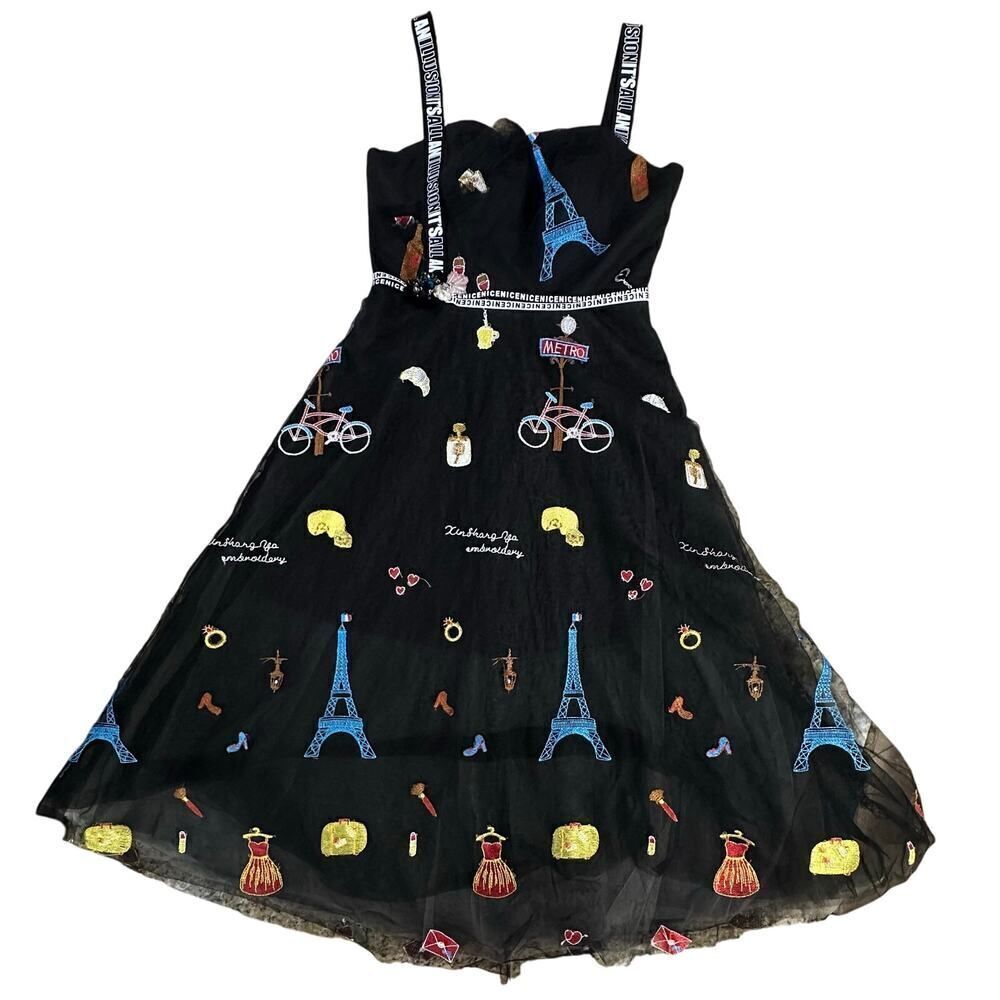 Whimsigoth Artsy Parisian France Black Mesh Tulle Embroidery Midi Dress Small